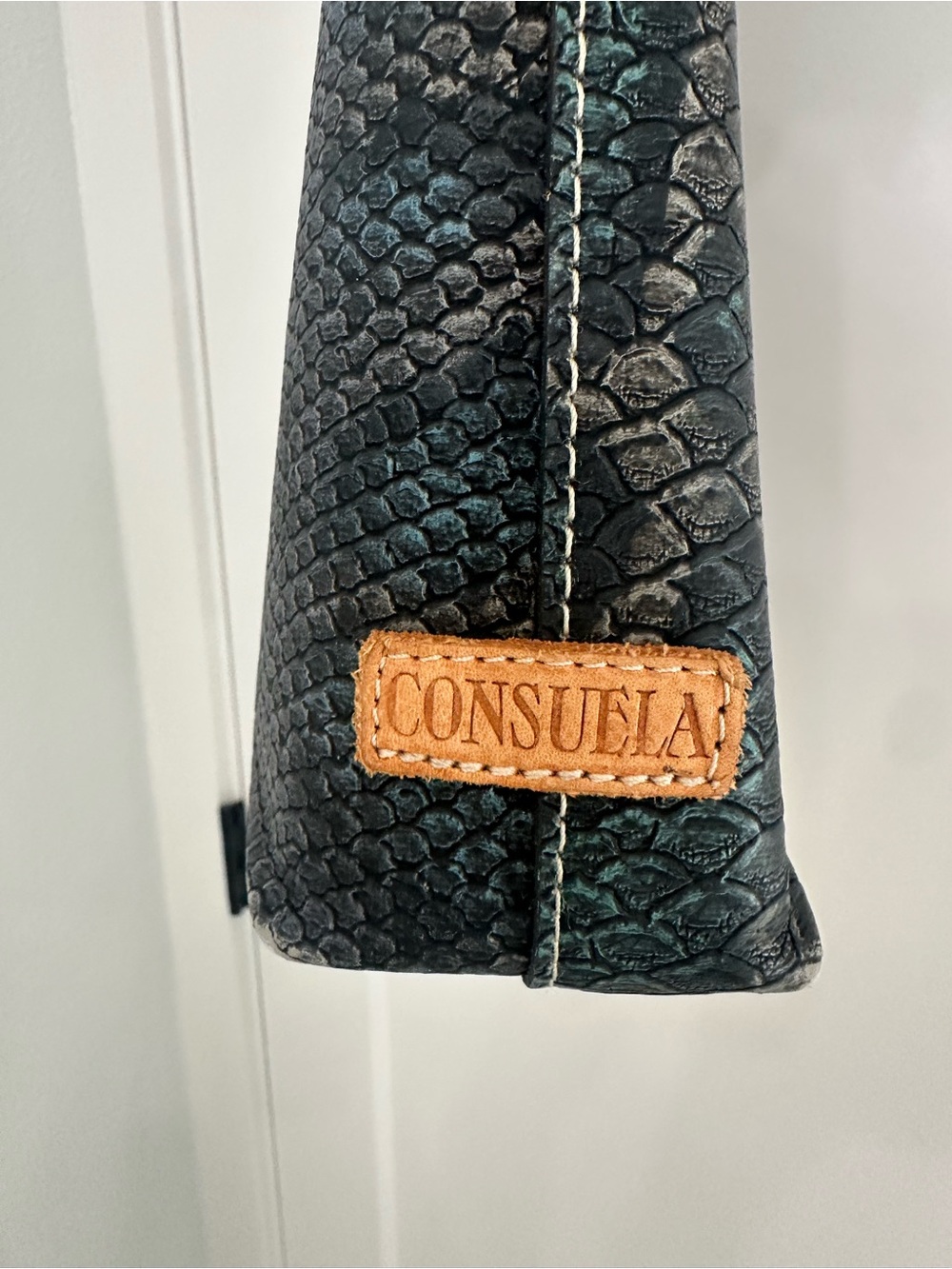Consuela Teal Snake-Print Tote with Brown Handles - Picture 5 of 9